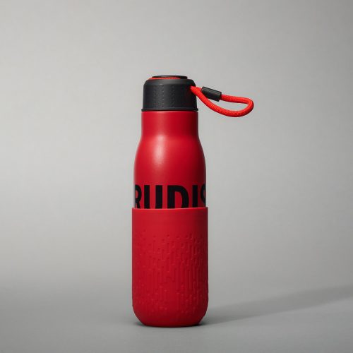 A red insulated water bottle with a black cap and a textured silicone sleeve prominently displaying the brand name RUDIS