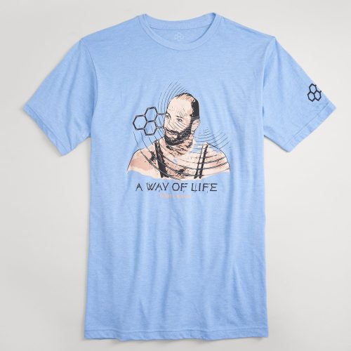 A light blue t-shirt featuring a graphic design of a person with a beard captioned A WAY OF LIFE