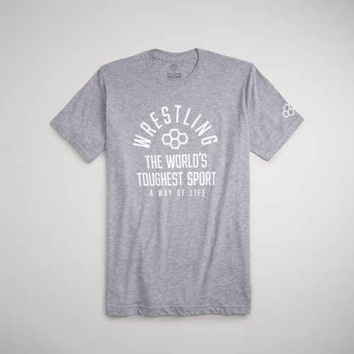 A gray t-shirt with bold white text promoting wrestling as the worlds toughest sport