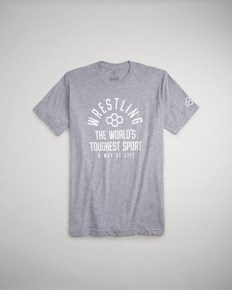 A gray t-shirt with bold white text promoting wrestling as the worlds toughest sport