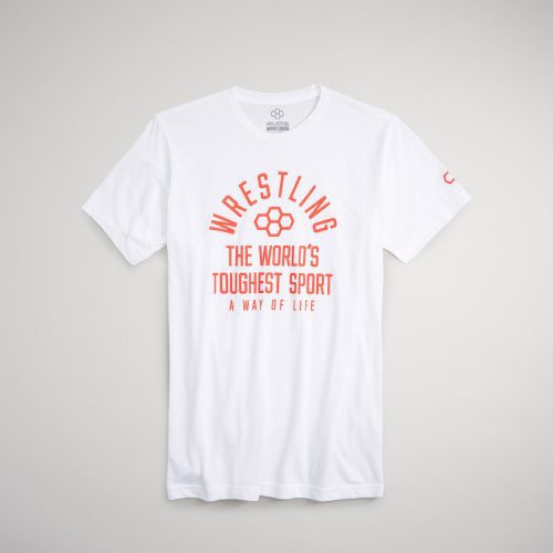 A white t-shirt featuring bold red text proclaiming wrestling as the worlds toughest sport