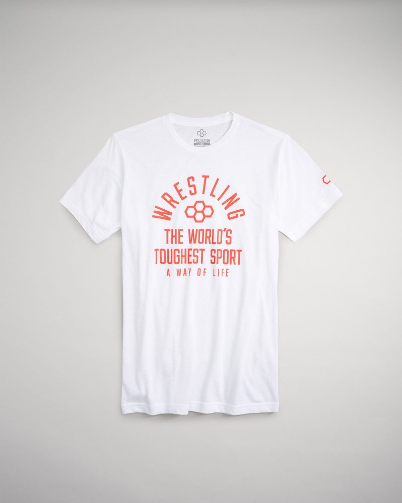 A white t-shirt featuring bold red text proclaiming wrestling as the worlds toughest sport