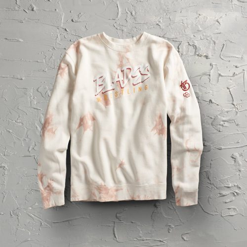 A stylish light sweatshirt showcasing a marble pattern in soft peach tones with bold text reading BLADES WRESTLING