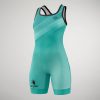 A teal athletic swimsuit designed for performance featuring a streamlined cut and textured patterns for enhanced aerodynamics