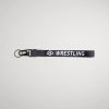 A black lanyard with the word WRESTLING printed in white featuring a clip and keyring attachment