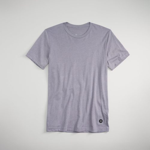 A gray T-shirt with a classic crew neckline and a small logo near the hem displayed on a light background for a clean minimalist look