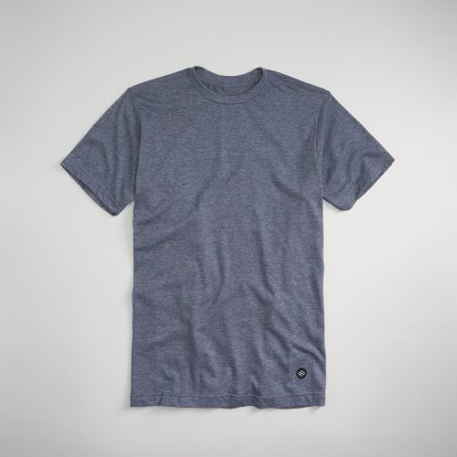 A heather navy t-shirt with short sleeves featuring a minimalistic design and a small logo near the bottom hem