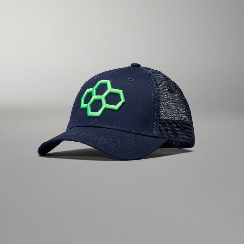 A navy cap with a green hexagonal logo and breathable mesh back, designed for style and comfort in casual wear.