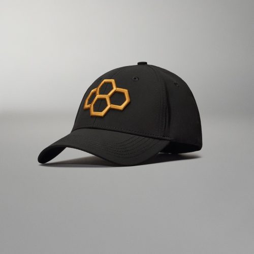 A sleek black cap featuring a prominent orange hexagonal logo on the front perfect for casual or active wear