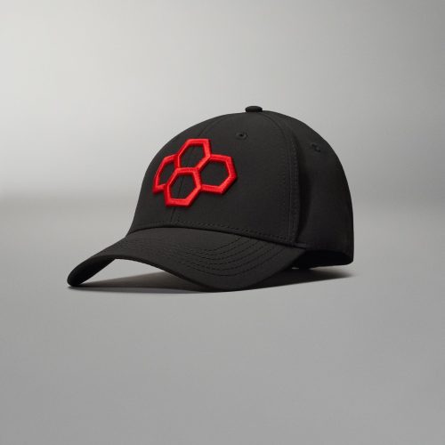 A sleek black cap featuring a bold red hexagonal logo on the front designed for style and comfort