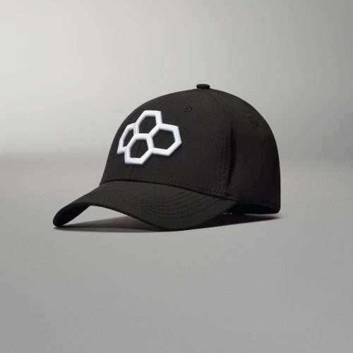 A stylish black cap featuring a distinctive white hexagonal logo on the front set against a minimalist gray background