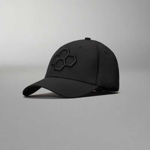 A sleek black cap featuring a raised honeycomb logo on the front perfect for casual wear and outdoor activities