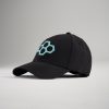 A stylish black cap featuring a prominent light blue hexagonal logo on the front