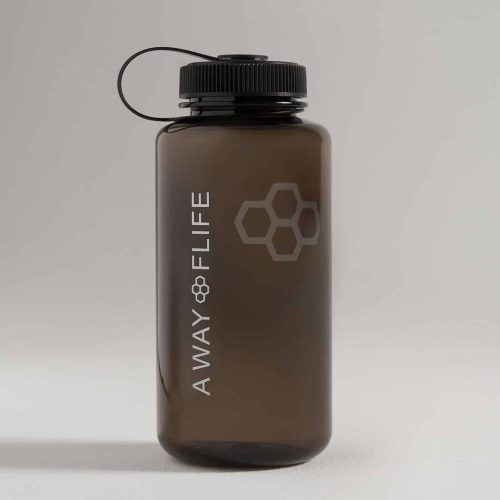 A sleek dark gray water bottle with bold white lettering and a honeycomb design on the side featuring a secure twist cap and a loop for easy carrying