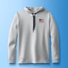 Light gray hoodie with an American flag and 'WRESTLING' text, designed for comfort and performance in sports, set against a gradient blue background.