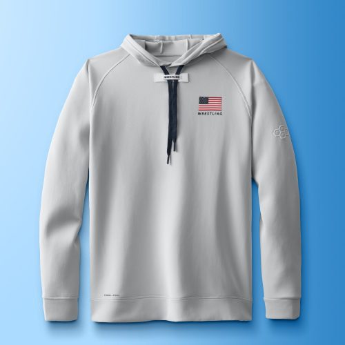 Light gray hoodie with an American flag and 'WRESTLING' text, designed for comfort and performance in sports, set against a gradient blue background.