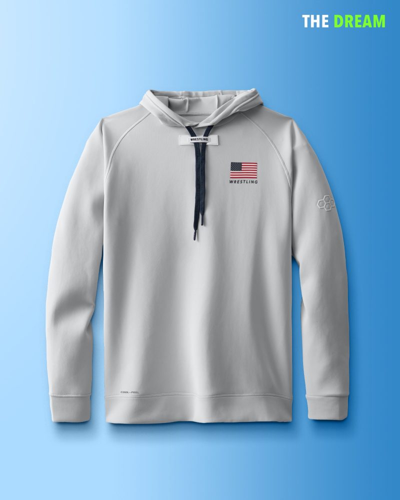 Light gray hoodie with an American flag and 'WRESTLING' text, designed for comfort and performance in sports, set against a gradient blue background.