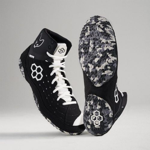 High-top black athletic shoes with white laces and a textured sole designed for performance